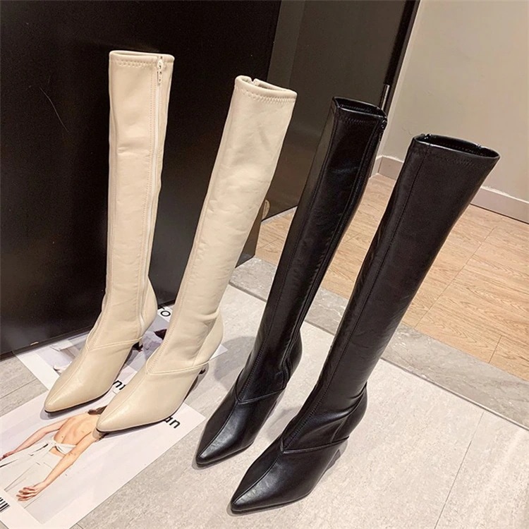 韓国ファッション女性 発的なスタイルピュアカラー ピンヒールロングブーツ 気質 トレンド