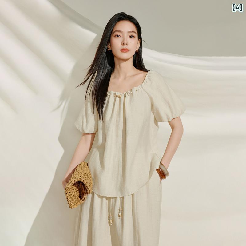 レディース　シャツ　トップス リネン 通気性 イン マン フレンチ ビーズ スクエアネック シャツ レディース 2025 夏 トップス 6,986円