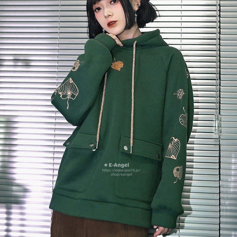 トレーナー レディース 裏起毛パーカー 緑 チャイナ風トップス 秋冬 落葉刺繍 プリント ゆったり