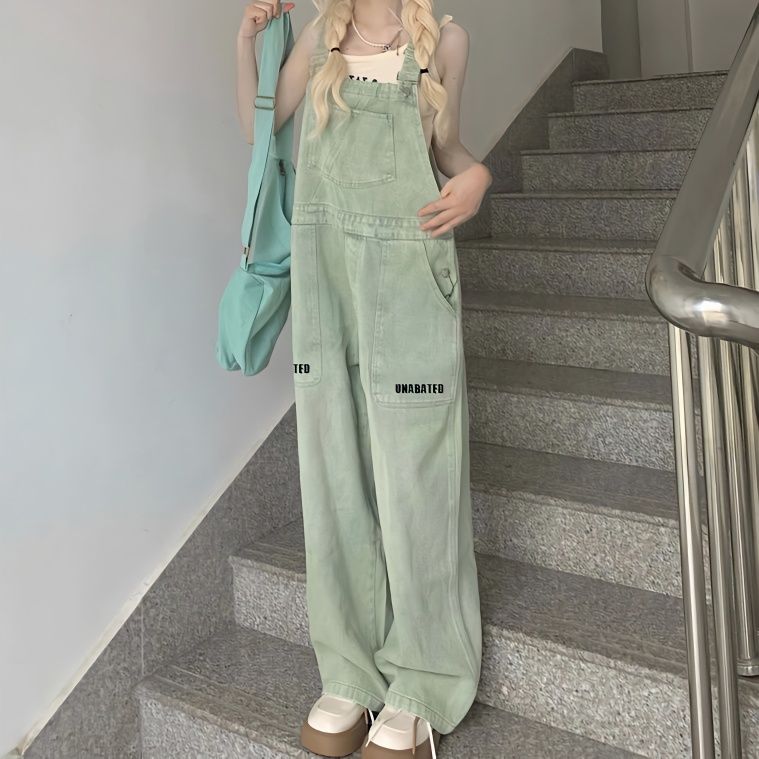 レトロ グリーン デニムサロペット デザイン ゆったり 日系ロングワイドパンツ オールインワン