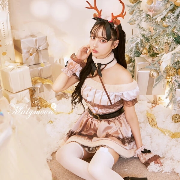 【即納】サンタ クリスマス コスプレ トナカイ 中村里砂 仮装 衣装 ブラウン ベージュ Xmas サンタコス オフショルダー 動物 アニマル コスチューム 女性 レディース セット 一式 マリームー