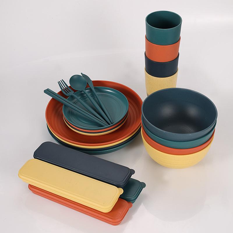 短納期 小麦 ストロー食器セット 4人用 カップ ボウル プレート スプーンカトラリー ファッション 北欧食器セット 割れない 再利用可能 食器洗い機対応