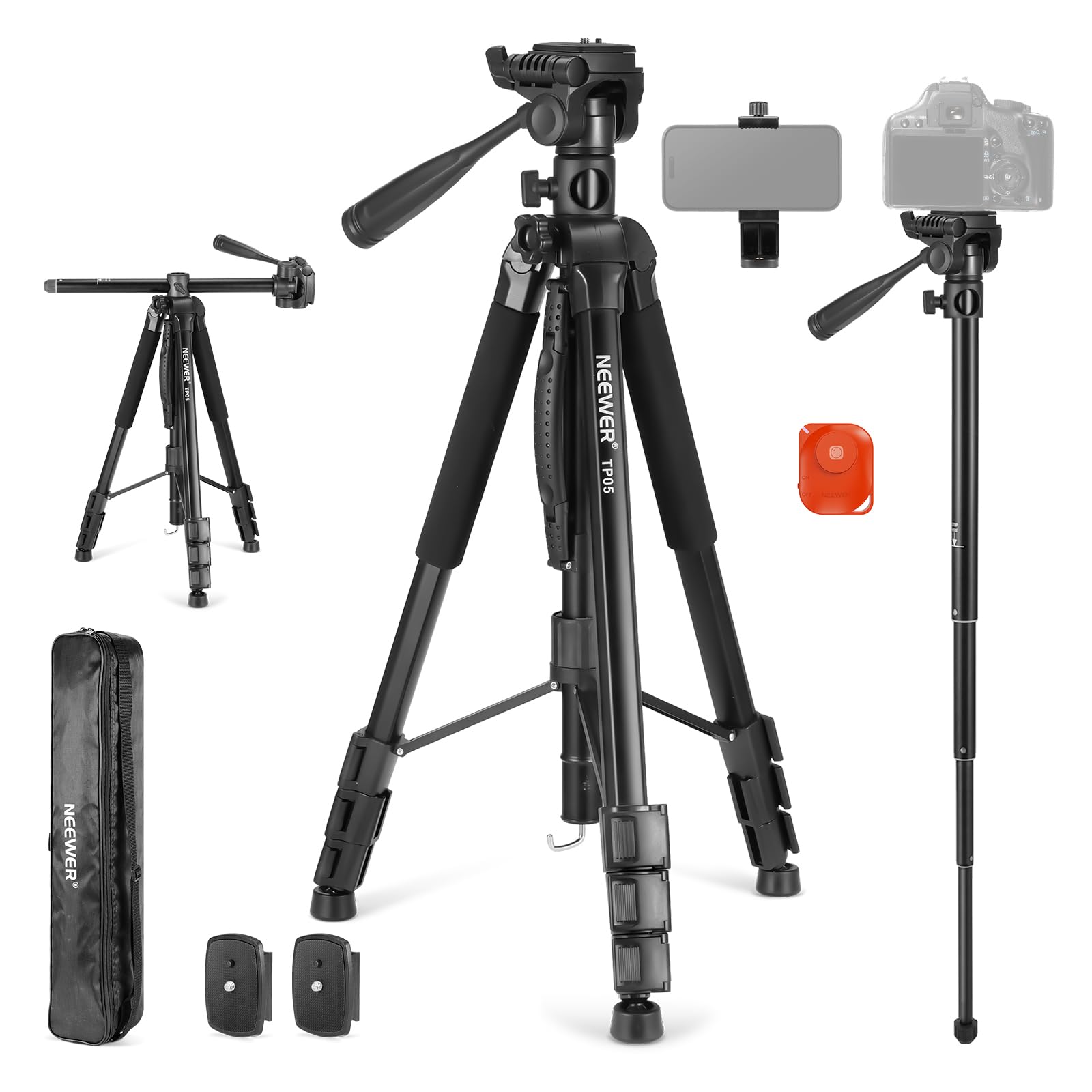 NEEWER Basic 189cm ビデオ三脚一脚 コンパクト 耐荷重 アルミ製 3ウェイパンチルトヘッド&リモート/水平中心軸付き 俯瞰撮影 カメラマウント スマホホルダー カメラ一脚 三脚スタン