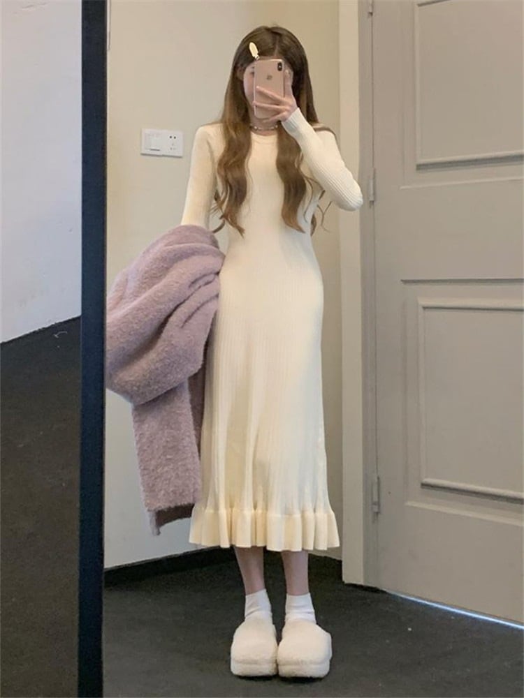 喪服女性用秋着痩せ長袖ミドル丈ニットボトムフィッシュテールドレス 4,542円