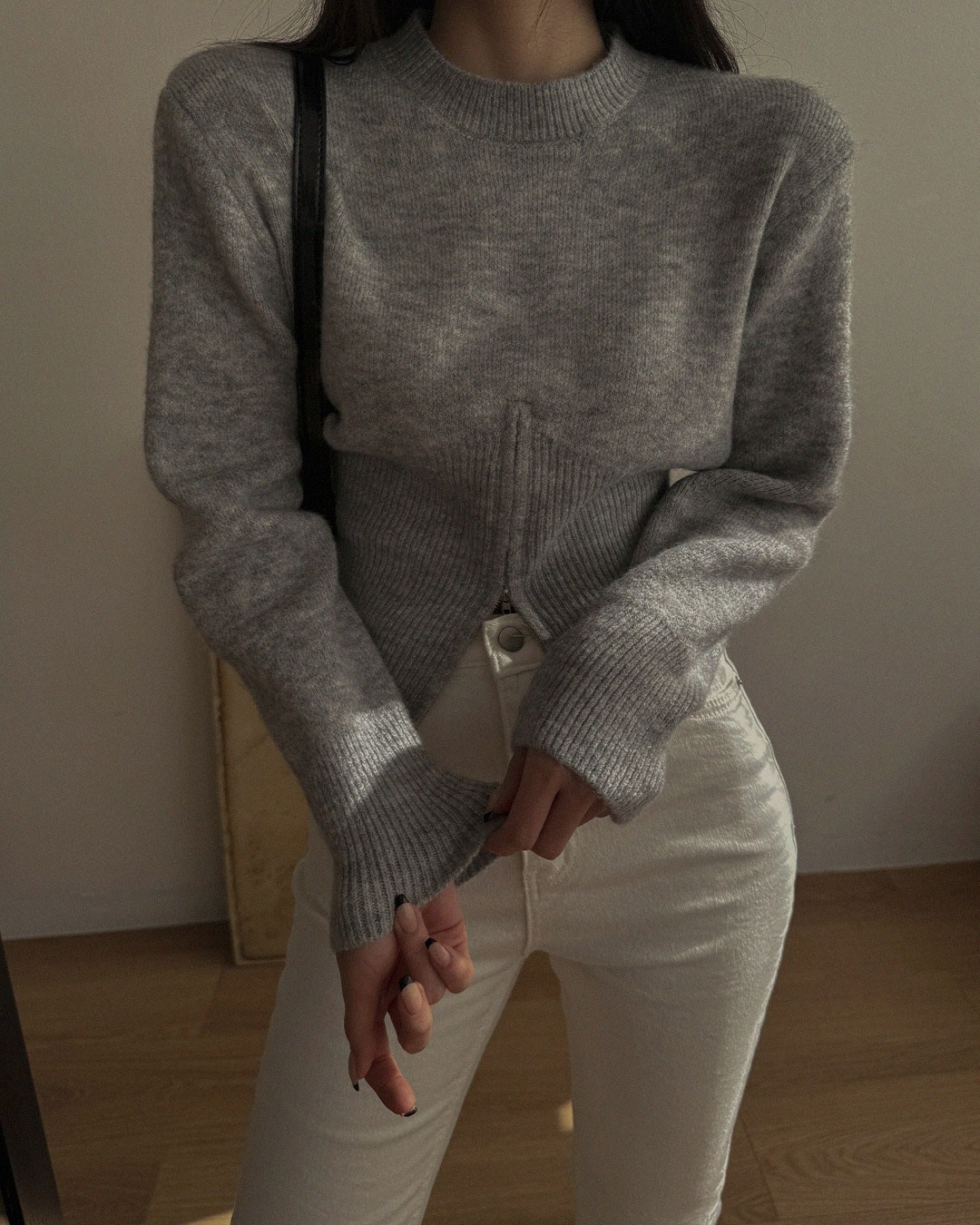 ファスナー付きクロップド丈ニット韓国ファッション レディース