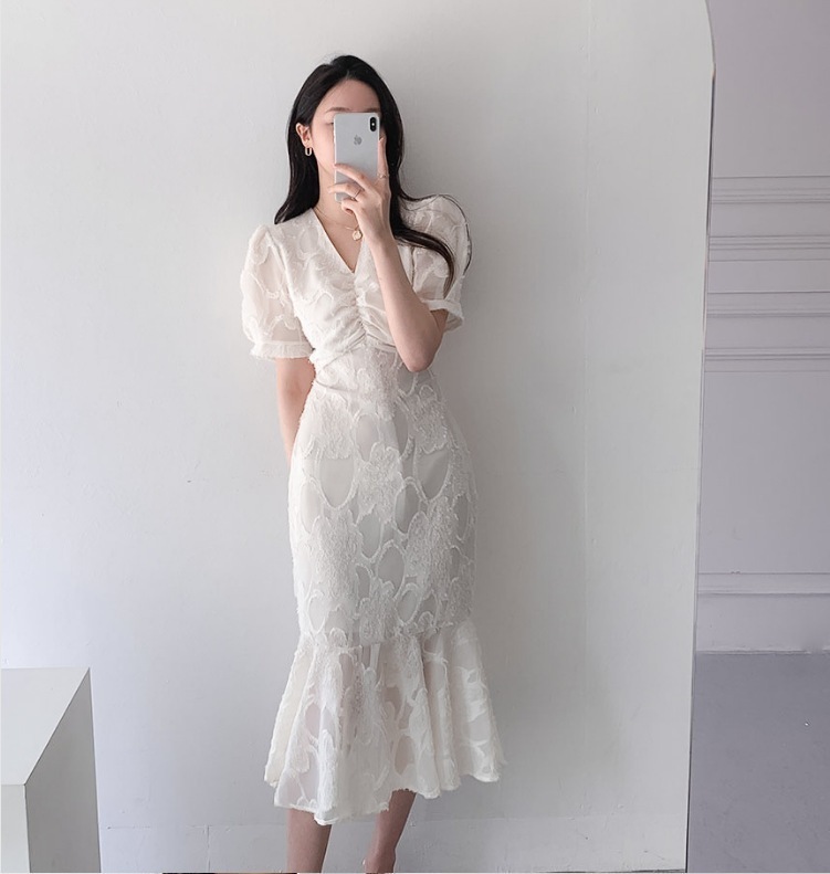 パーティードレス レースワンピース マーメイド ミモレ丈 韓国 レディース オルチャン ドレス 半袖 Vネック レースワンピ かわいい 可愛い キュート 大人可愛い 大人女子 シンプル