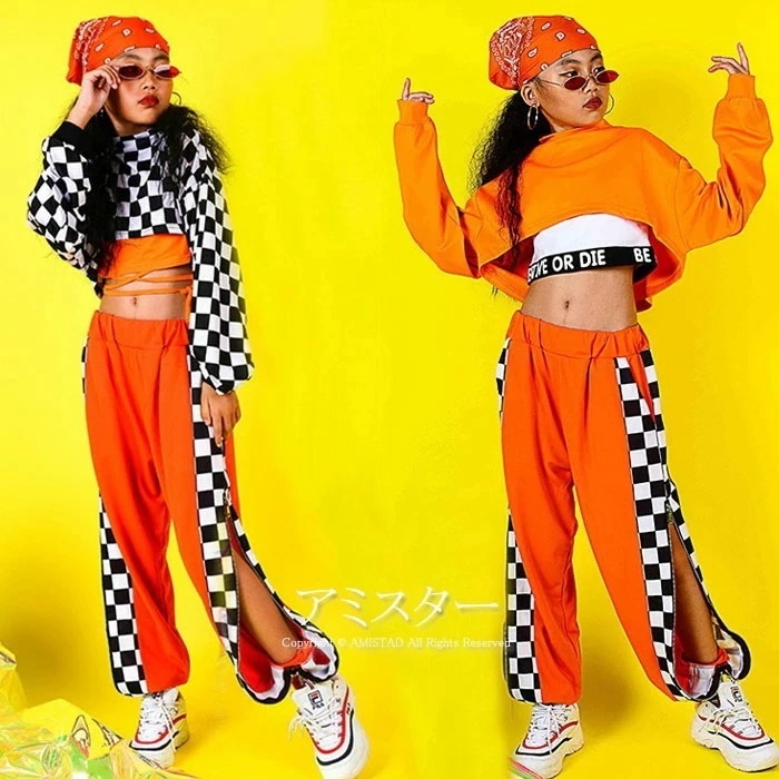 ヘッダスカーフ贈り チェック柄 キッズダンス衣装 タンクトップ ショート丈 へそ出し トップス オレンジ ダンス 衣装 ガールズ ダンス ガウチョパンツ hiphop ヒップホップダン ス ダンスシャ