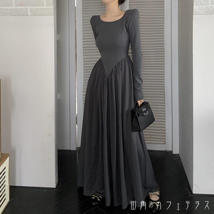 ワンピース レディース ロングワンピース ロング丈 マキシワンピース マキシ丈 異素材 切り替え ワンピ 長袖 ラウンドネック ハイウエスト ギャザー ゆったり 体型カバー 着痩せ
