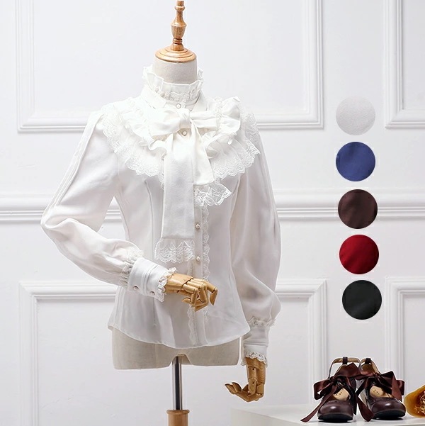 ゴスロリ ブラウス レディース シャツ ロリータ ブラウス 長袖 立ち襟 シフォンシャツ ロマンティック レース ロリータ ゴスロリ フリルブラウス フォーマル リボン付きブラウス lolita 刺繍