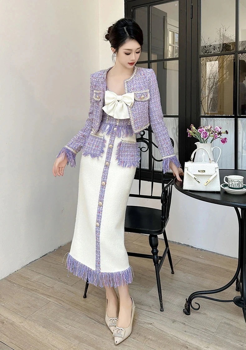 【JY.上品】 スーツ＋キャミソール＋スカート 3セット 蝶結び レディース ラジャー セットアップ 成人式 フォーマル