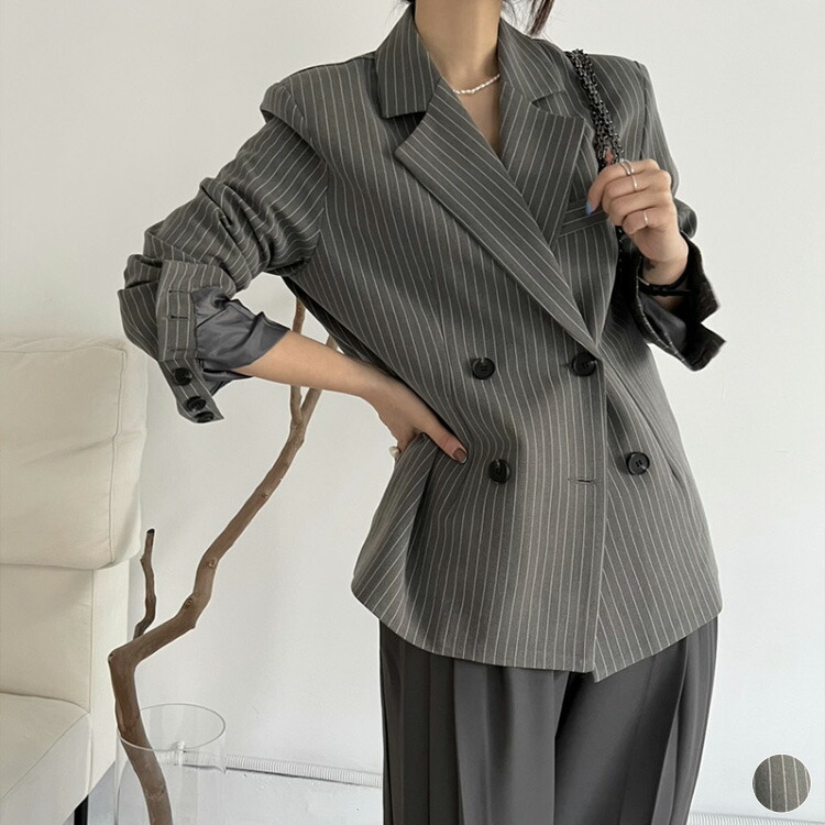 ジャケット レディース 韓国 長め セミロング オーバーサイズ アウター キレイめ カジュアル ダブルボタン ダブル 春 秋 ストライプ 大人