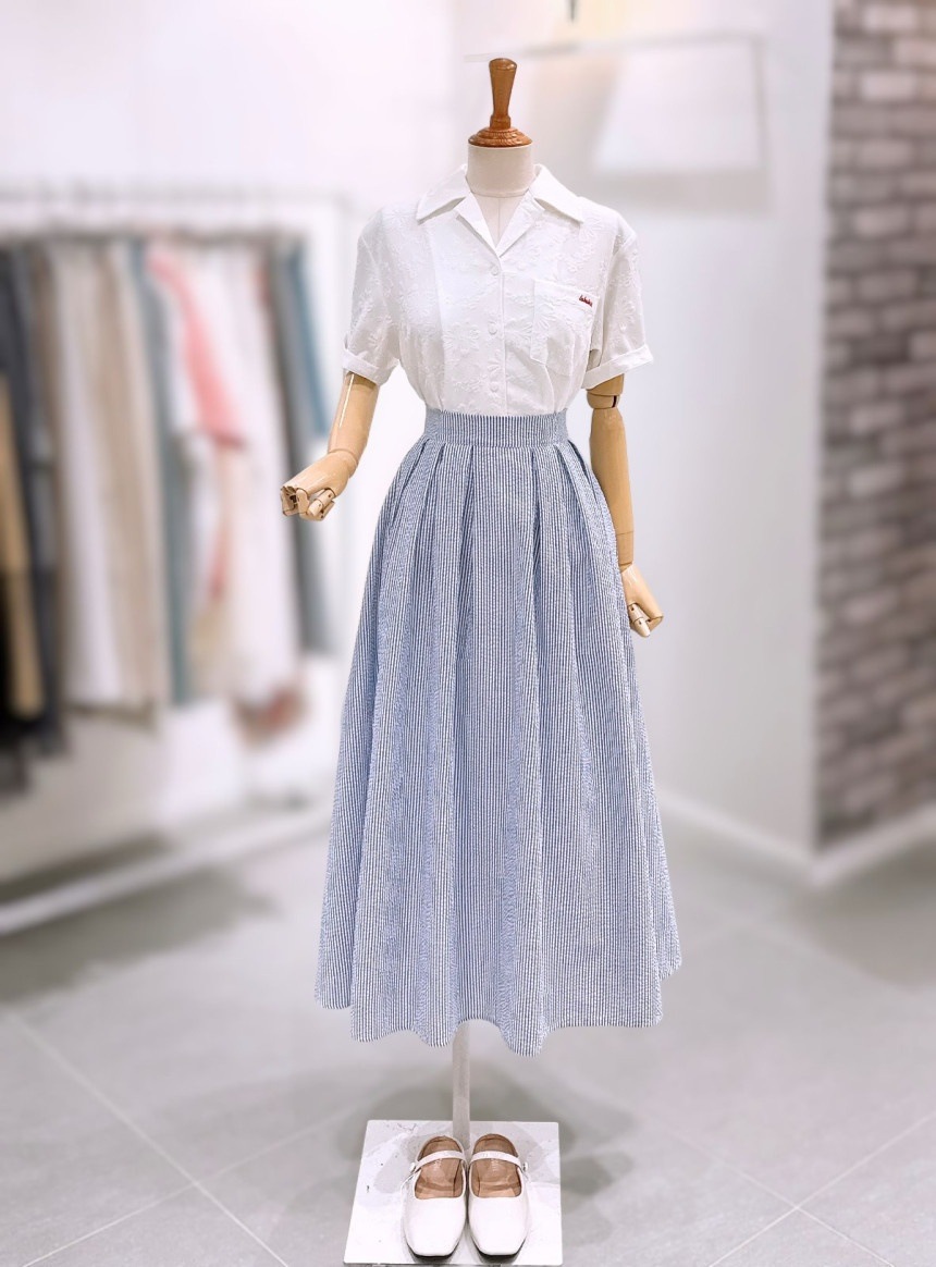 LECCOVE シアサッカー ストライプ プリーツ スカート