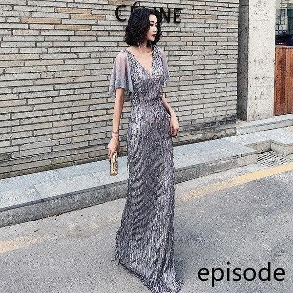 2024春パーティードレス 姫系 スパンコール セクシーV襟 花嫁ロングドレス お呼ばれ 結婚式 誕生日 ロング丈 二次会 エレガント 演奏会 挙式hs4854