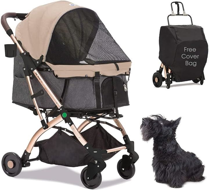 ペットカート バギー 4輪 小型犬 中型犬 猫 ペットキャリー 介護用カート(ベージュ+グレー)