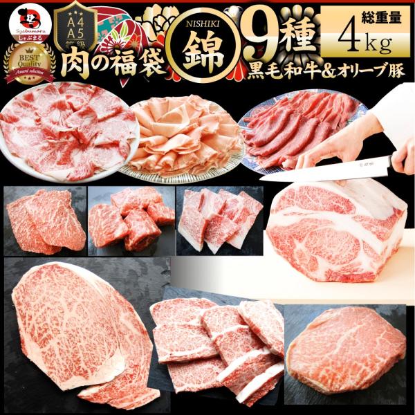 肉 福袋 黒毛和牛 オリーブ豚 食べ比べ 総重量4kg 2023年 肉の福袋 「錦福袋NISHIKI-」凍眠 テクニカン 牛肉 食品 メガ盛り 焼くだけ 解凍するだけ