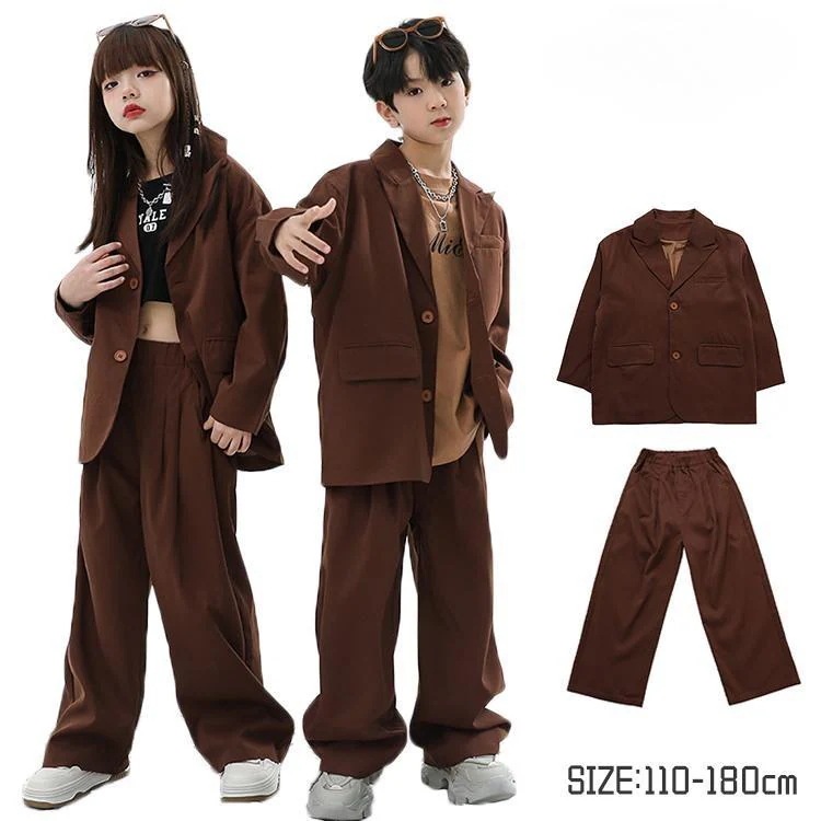 キッズ ダンス衣装 ブラウン ダンススーツ セットアップ 女の子 男の子 かっこいい スーツ ヒップホップ ジャケット 茶色 無地 韓国 k-pop衣装 モノトーン ジャ