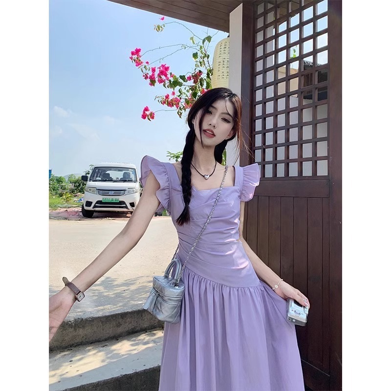 初恋パープルフェイフェイスリーブドレスレディーススタイルウエストカットアウト中空ソルティスイートロングスカートトレンディ