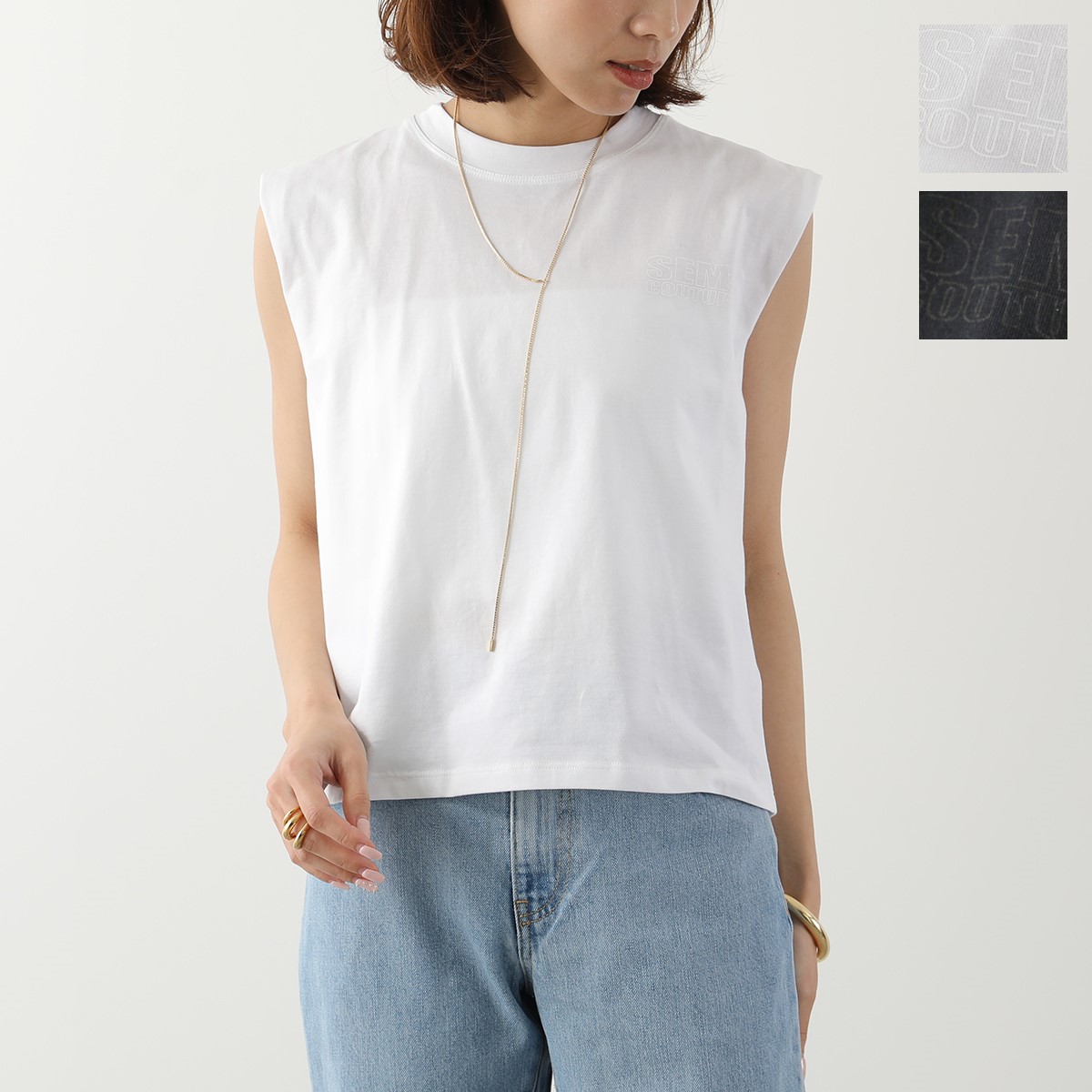 Semicouture セミクチュール Tシャツ Y3SJ02 レディース ノースリーブ カットソー ロゴT コットン クルーネック カラー2色