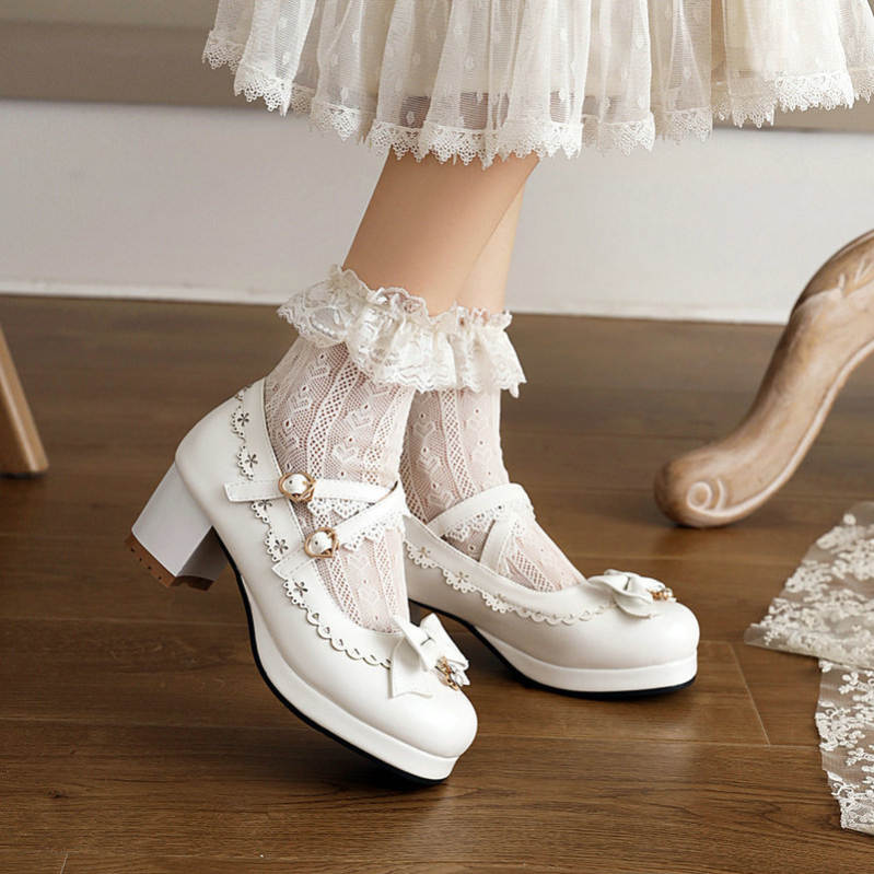 1000円OFFクーポン 21.5-26.5cm ロリータパンプス おでこシューズ コスプレ靴 前厚 ハイヒール レース リボン付き 甲ストラップ お姫様 メイドシューズ シンプル定番 厚底 大きいサ