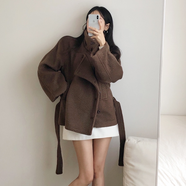 韓国ファッション ルーズフィット ハイネック ダブルボタン ストラップ ハーフコート
