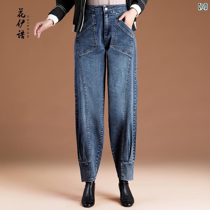 ジーンズ デニム パンツ ズボン レディース シニア 股上深め 大きめサイズ ストレッチ 楽ちん 太もも ふくらぎ シニア 春秋 ロング ジップアップ ワイド ストレート ボトムス 体型カバー 着痩せ