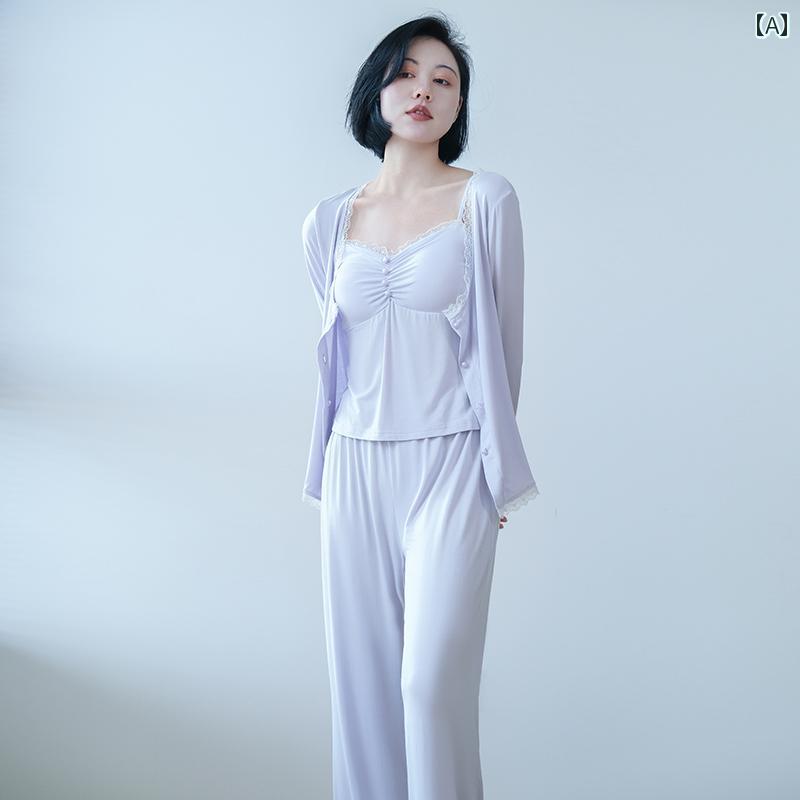 レディース パジャマ 3点セット 春秋用 長袖 薄手 胸パッド付き レディース ホームウェア レース Vネック