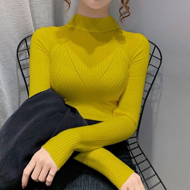 シースルーニットセーター カラバリエーション豊富 カラーニットセーター 胸元シースルートップス トップス ニットソー セーター プルオーバー 白トップス 袖あり 長袖 萌袖 ハイネック スリム タイト