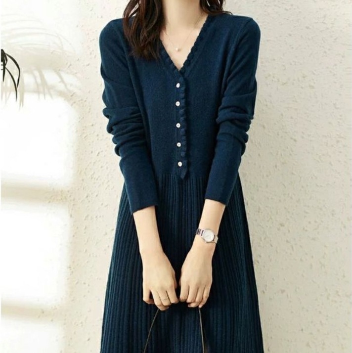 長袖ニットワンピース カジュアルワンピース Vネックワンピース ワンピース ニットソー セーター プルオーバー オールインワン ロングスカート フレアスカート ニットスカート 膝下 ロング ロング丈