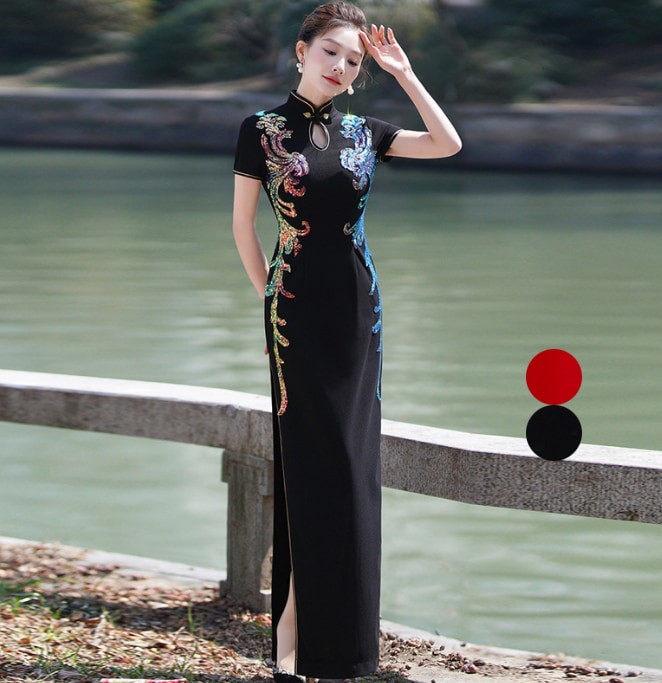 チャイナドレス 高級 半袖 細身ドレス スリット入り スパンコール 刺繍 マキシ丈 チーパオ 中華風ドレス エレガント パーティードレス 発表会 謝恩会 花嫁 お呼ばれ 中華風ドレス 中華服 合唱団服