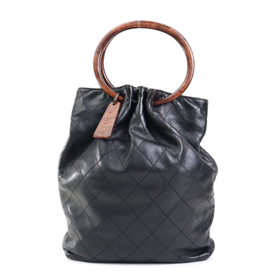 シャネル CHANEL ハンドバッグ レザー/ウッド ブラック/ブラウン レディース w1185g