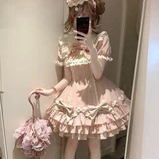 ロリータ ストライプレイヤードロリータ ロリータケーキスカート かわいい甘美なプリンセス半袖OPドレス