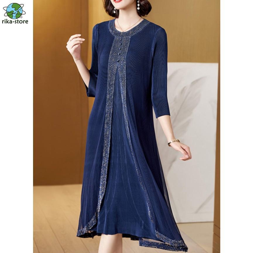 年末の福利レイヤード風 ワンピース レディース パーティードレス 結婚式 お呼ばれドレス 60代 50代 40代 袖あり 長袖 フォーマルワンピース 上品 重ね着風