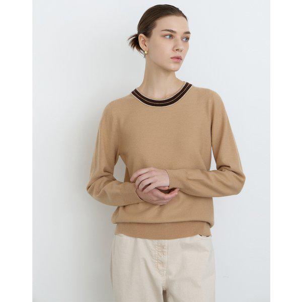 [24FW] [ウール 100%] ベージュ ネックライン配色 長袖ニット DLSW4DE99I2