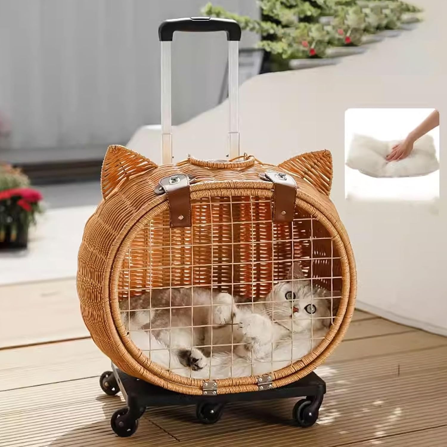 MamyPets 籐製ペットキャリー リュック ペットキャリー キャスター付き 猫 猫用 キャリー カート 犬 小型犬 ペットキャリーケース 折り畳み 取り外し可能な車輪 ドライブ 旅行 通院 防災