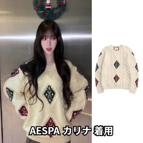 [AESPA カリナ 着用] ツリーアーガイル ケーブル ウール ニット - 1color/女性 ニット/可愛い ニット/ニット/韓国スタイル