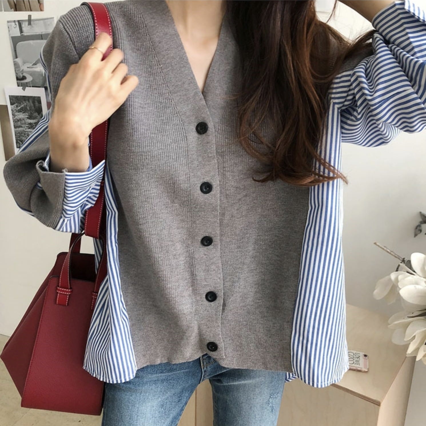 トップス シャツ ブラウス カーディガン ニット ニットカーディガン 袖あり 長袖 Vネック ゆったり 切り替えデザイン ドッキング 異素材MIX かわいい 大人可愛い カ