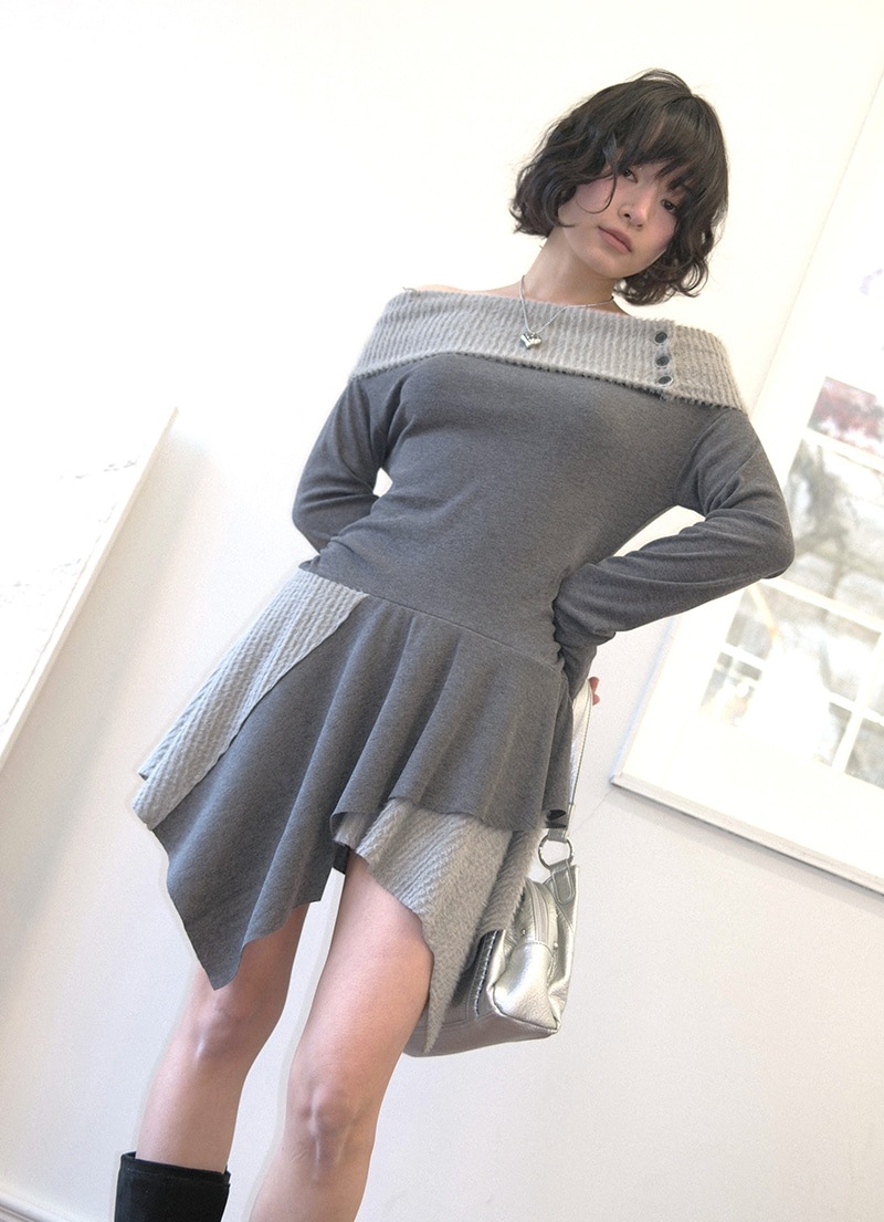 【AS"ON】 FAYE OFF-SHOULDER DRESS / CHARCOAL ショルダーバッグ 正規品