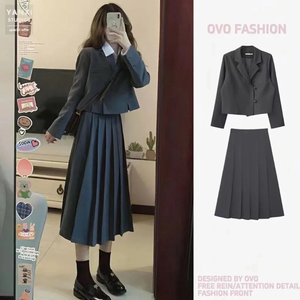 春ジャケット涼しく楽ちんセットアップ制服秋冬新作学院風韓系ワンピース大学生スーツ早秋韓国ファッション 通勤