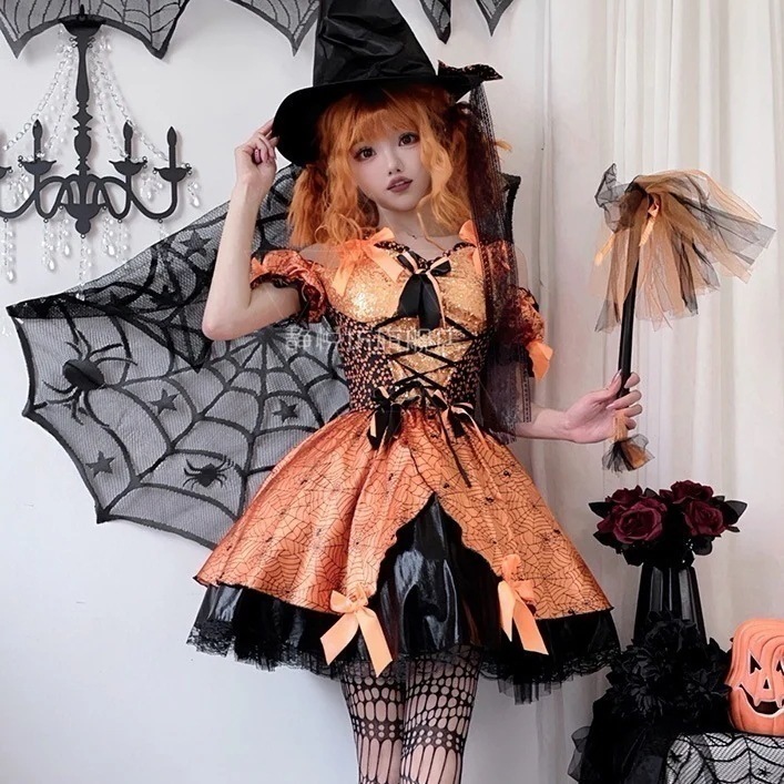 【急速出荷】無.料魔女姿仮装舞踏会演技服カボチャの魔女姿ハロウィン コスプレ