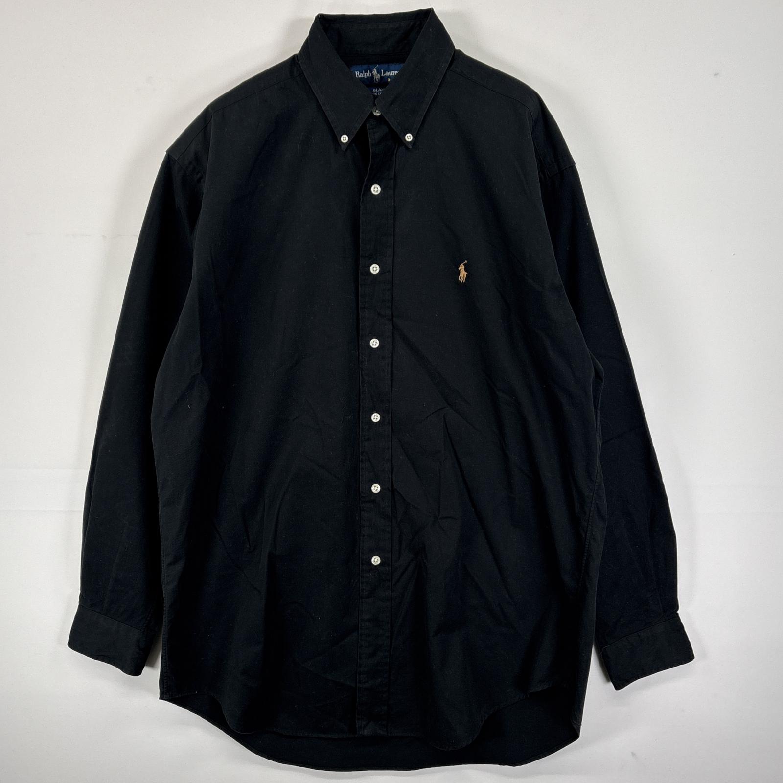 古着 長袖シャツ ボタンダウンシャツ ワンポイント ロゴ 刺繍 M ブラック 無地 メンズ