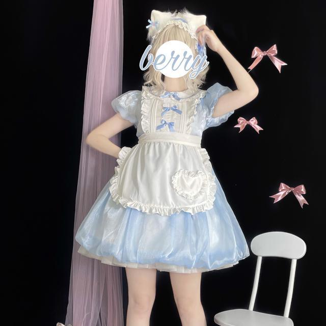 コスプレ ロリータ レディースロリータ洋装サマーシュークリーム半袖opワンピース+エプロン ドレス脚魅せミニスカート 韓国ファッション30%までに制限