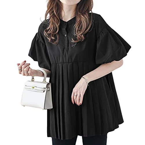 [MEME XTRA] メメエクストラ ブラウス レディース 半袖 夏 パフスリーブ プリーツ シャツ 夏服 かわいい 切り替え カットソー トップス 大きいサイズ ゆったり 丸襟 おしゃれ 無地 キ