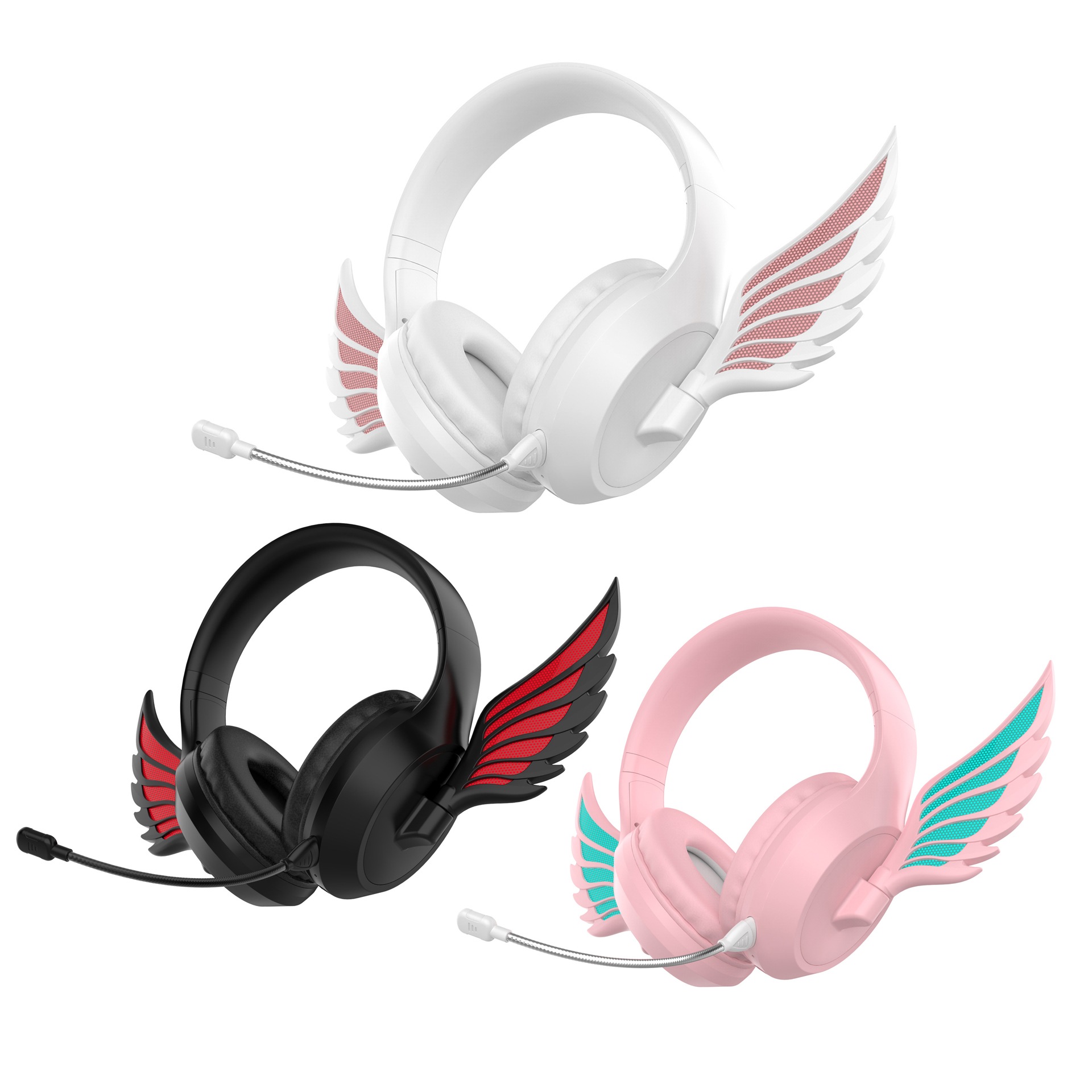 ゲーミング ワイヤレス ヘッドフォン 光る 天使 羽 有線 無線 ピンク ヘッドホン ヘッドセット Bluetooth 5.3 マイク 500mAh バッテリー 2時間充電 12時間再生 Type-C