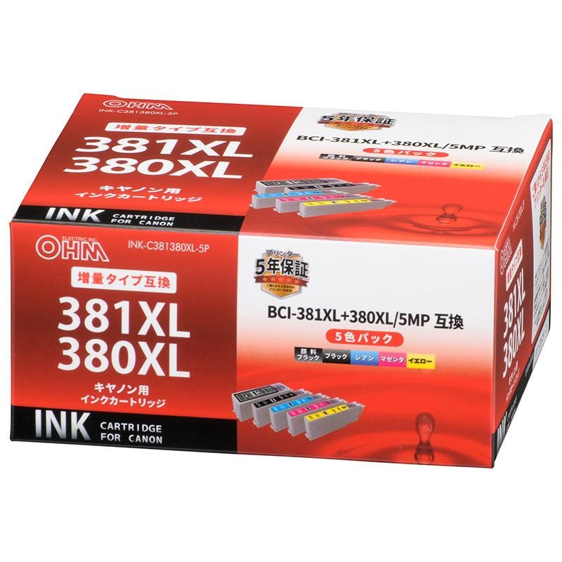 OHM キヤノン互換 BCI-381XL+380XL/5MP 5色パック 増量タイプ INK-C381380XL-5P