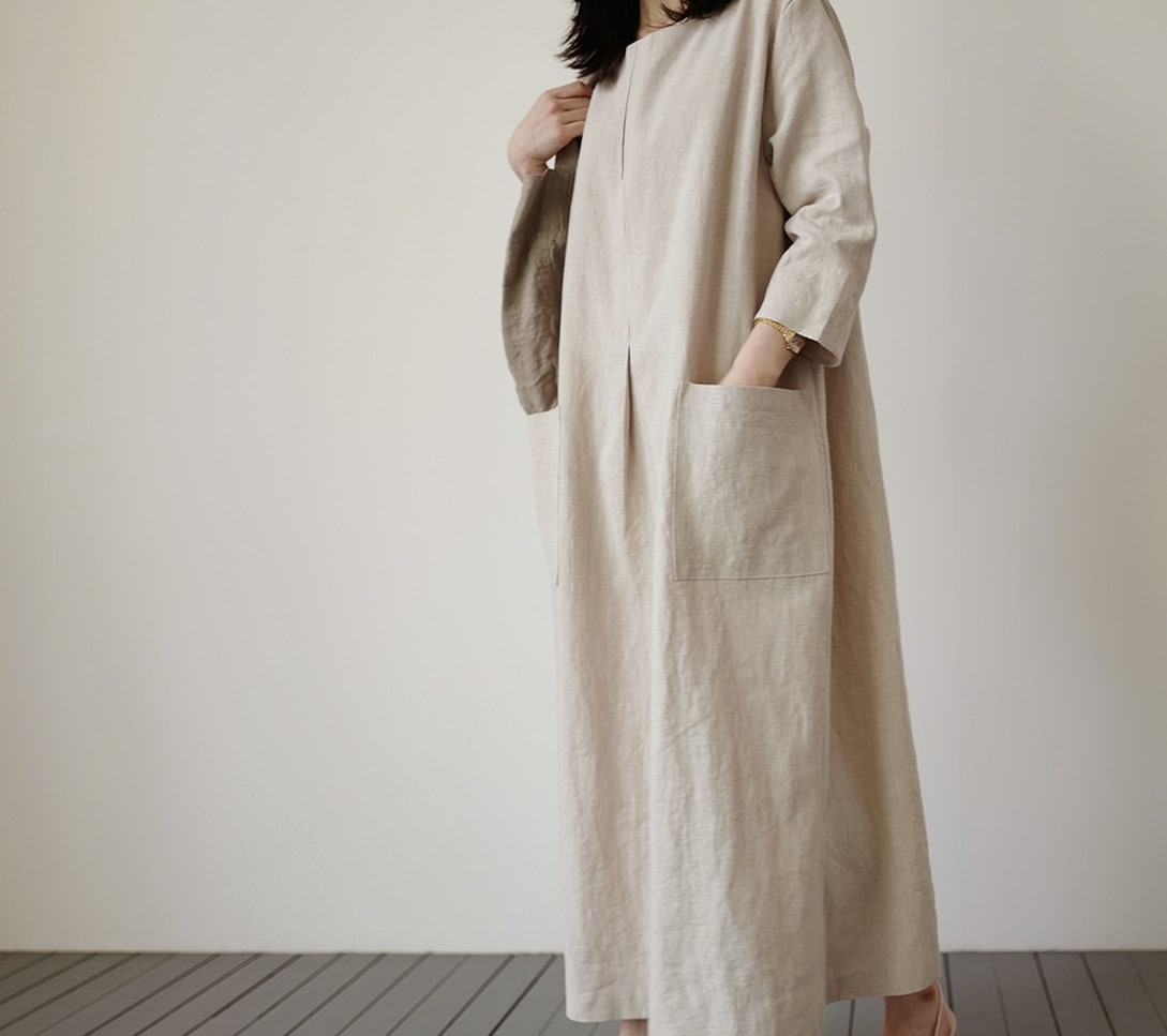 ワンピース ロングスカート 袖あり 7分袖 ラウンドネック Aライン サイドスリット 綿 リネン 大人可愛い きれいめ シンプル カジュアル 大人 おしゃれ アジアン エスニック 大人可愛い こなれ感