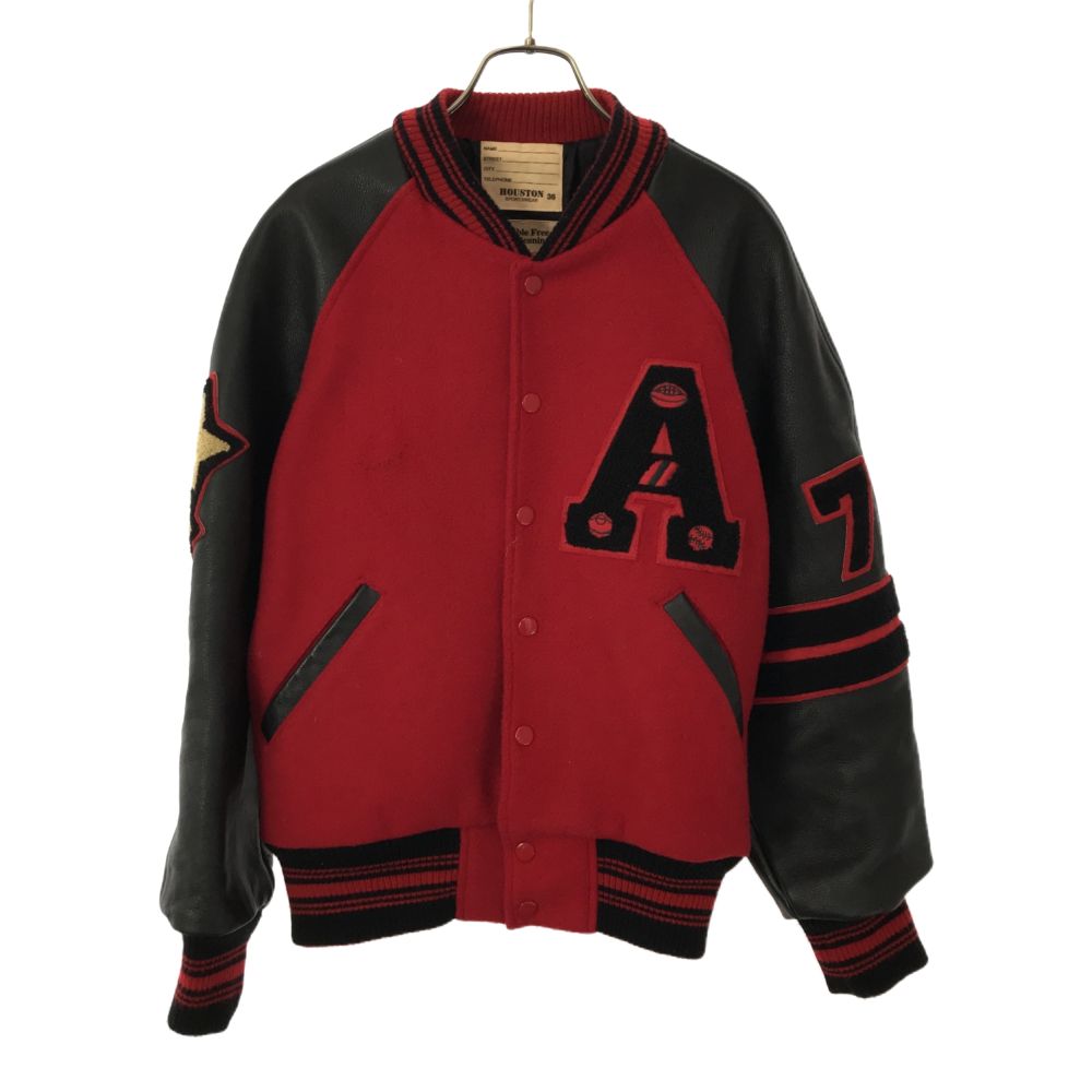 袖レザー スタジャン S レッド ウールブレンド メンズ