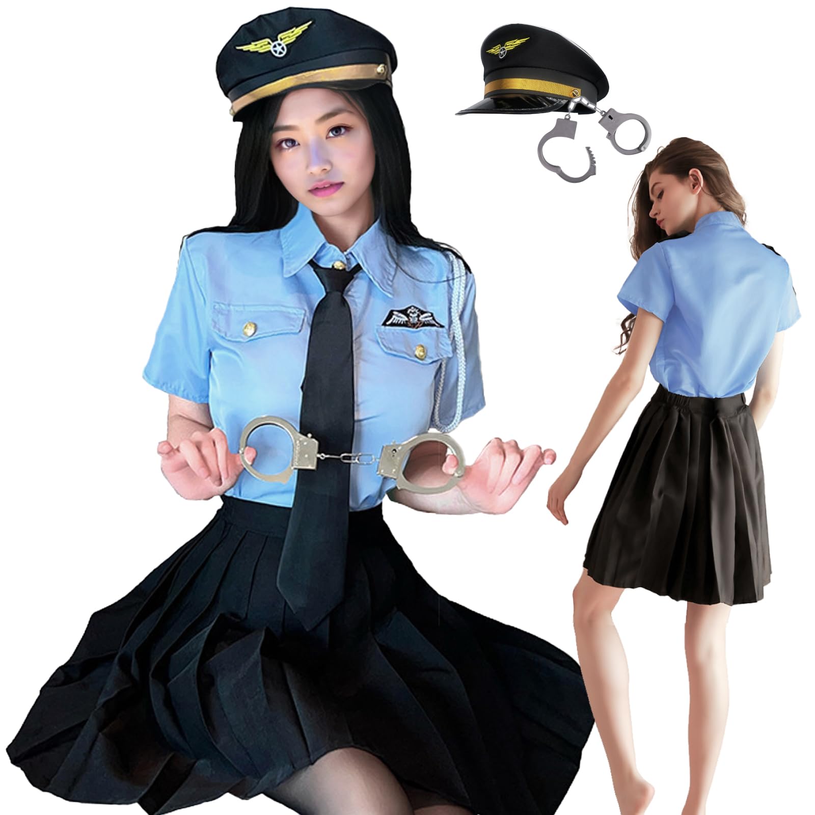ハロウィン コスプレ ポリス 警察官 レディース 黒 警官 婦人警官 帽子 婦警 大きいサイズ 仮装 ミニスカポリス 大人 制服 かわいい 可愛い コスチューム (6点セット) 81713