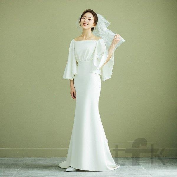 ウェディングドレス ウェディングドレス白 パーティードレス 花嫁ロングドレス パフスリーブ 結婚式