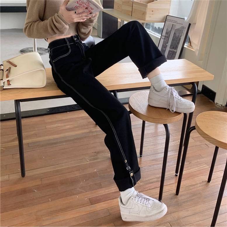 2color レディース サイドステッチデザインデニムパンツ ボトムス パンツ デニムパンツ ステッチ ストレートパンツ デニム ジーンズ ワイドパンツ スラックス ハイウエスト 黒 青 ブラック ブ