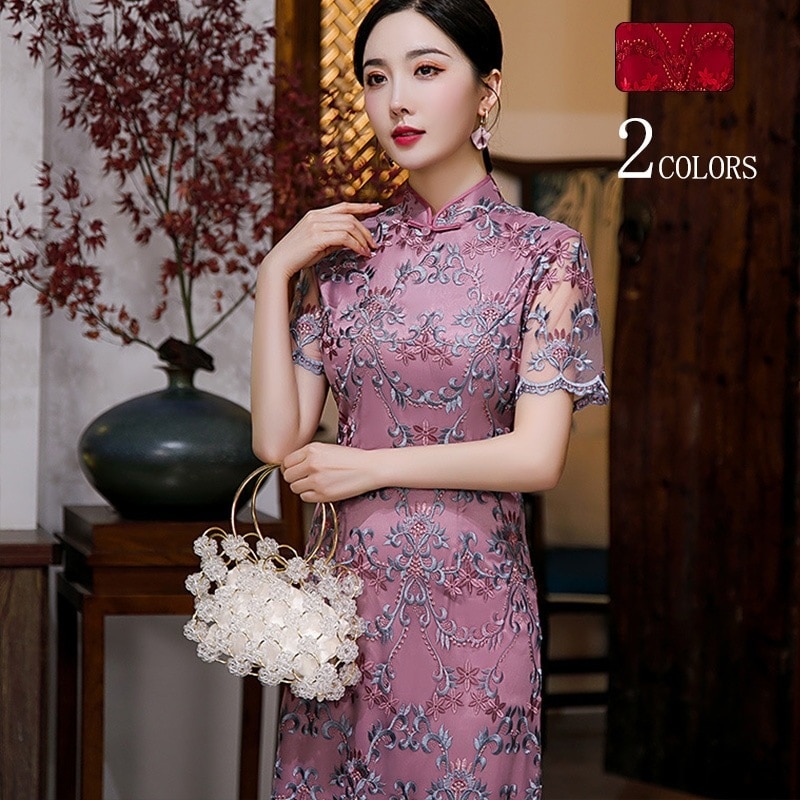 チャイナドレス 半袖 チャイナ服 ワンピース チャイナワンピース レース チャイナドレス ワンピース マキシ Aラインワンピース ドレス エレガント 切替 上品 レース 中華風 大きいサイズ お呼ばれ